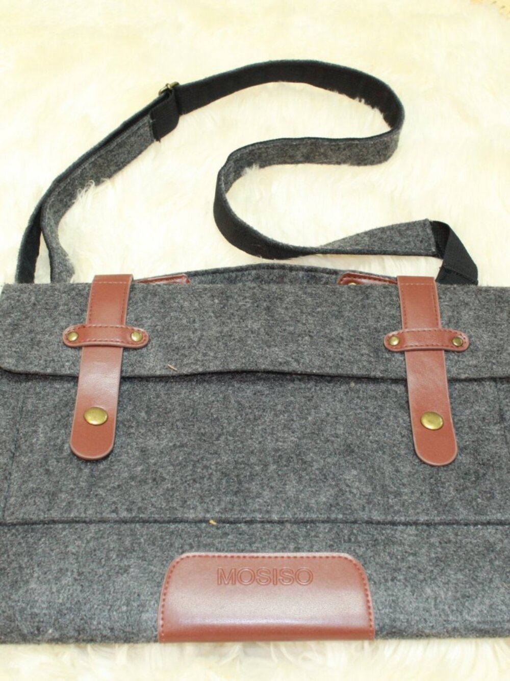 Mosiso Dark Grey Flannel Faux Leather Felt Lined Adj Shoulder Strap Laptop Bag
